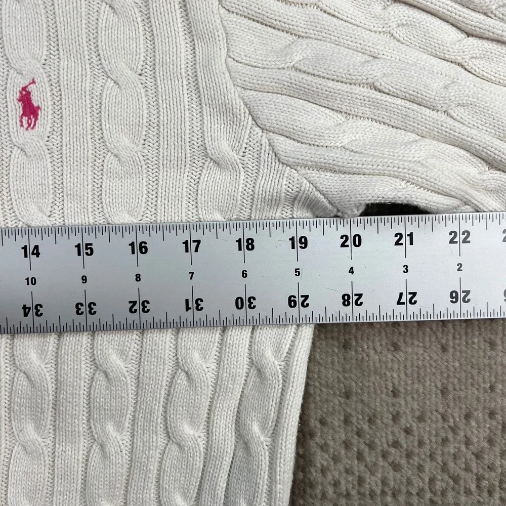 Ralph Lauren Kids XL Cream Cable Knit Full Zip Hoodie Pink Pony Cotton Sweater